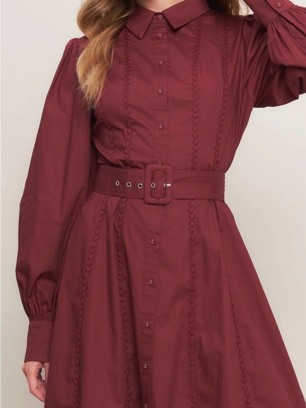 Flying Tomato Burgundy Button-Front Belted Midi Dress - Picture 2 of 3